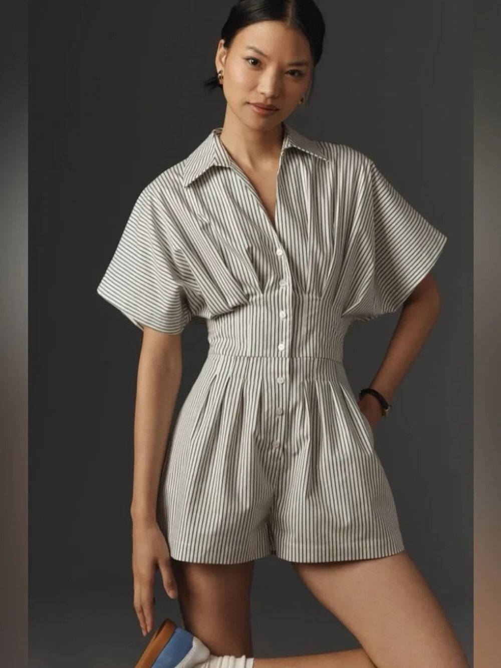 Anthropologie Exquise The Tobie Pleated Romper Green and White Striped Size S
